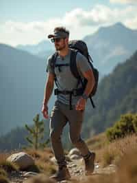 an adventurous masculine  man hiking in the mountains