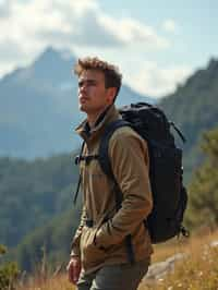 an adventurous masculine  man hiking in the mountains