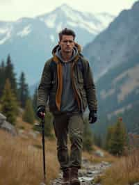 an adventurous masculine  man hiking in the mountains