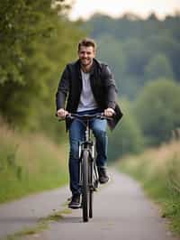 a stylish masculine  man enjoying a leisurely bike ride along a scenic path