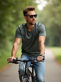 a stylish masculine  man enjoying a leisurely bike ride along a scenic path