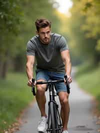 a stylish masculine  man enjoying a leisurely bike ride along a scenic path