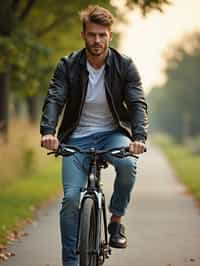 a stylish masculine  man enjoying a leisurely bike ride along a scenic path