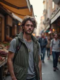 a charismatic masculine  man exploring a street market