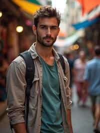 a charismatic masculine  man exploring a street market