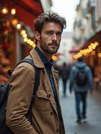 a charismatic masculine  man exploring a street market