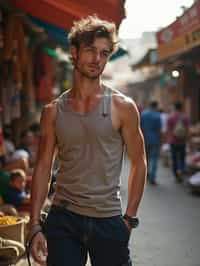 a charismatic masculine  man exploring a street market