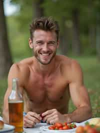 masculine  man having a fun outdoor picnic