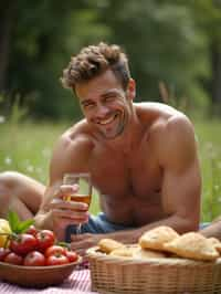 masculine  man having a fun outdoor picnic