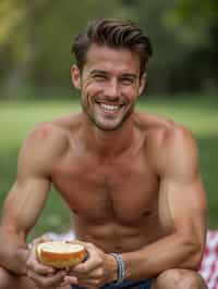 masculine  man having a fun outdoor picnic