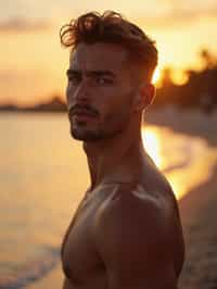 masculine  man enjoying a sunset at a beach or park