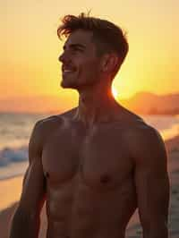 masculine  man enjoying a sunset at a beach or park