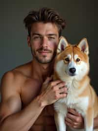 masculine  man posing with a cute pet