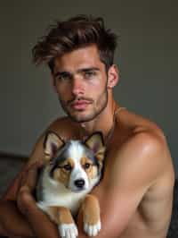 masculine  man posing with a cute pet