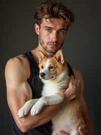 masculine  man posing with a cute pet