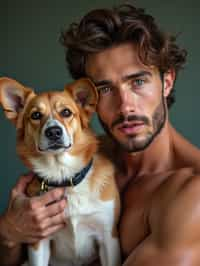 masculine  man posing with a cute pet