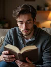 masculine  man reading a book in a cozy home environment