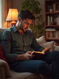 masculine  man reading a book in a cozy home environment