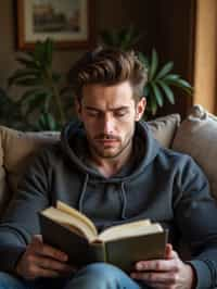 masculine  man reading a book in a cozy home environment