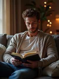 masculine  man reading a book in a cozy home environment