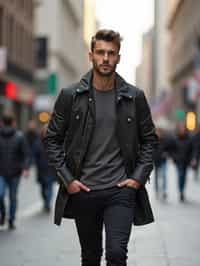 masculine  man taking a casual stroll through a cityscape