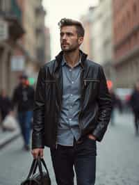 masculine  man taking a casual stroll through a cityscape