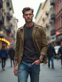 masculine  man taking a casual stroll through a cityscape