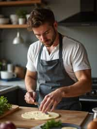 masculine  man cooking or baking in a modern kitchen