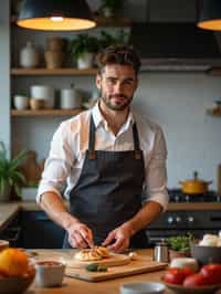 masculine  man cooking or baking in a modern kitchen