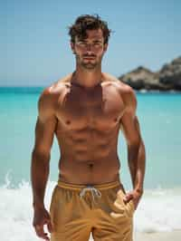 masculine  man in solid color  swim shorts on the beach, wet hair, swimsuit sports illustrated FHM maxim photos