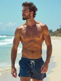 masculine  man in solid color  swim shorts on the beach, wet hair, swimsuit sports illustrated FHM maxim photos