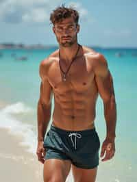 masculine  man in solid color  swim shorts on the beach, wet hair, swimsuit sports illustrated FHM maxim photos