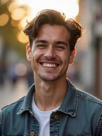 headshot of smiling man wearing casual clothes posing for dating app headshot. outdoor blurry background. the lighting is warm, possibly from a setting sun, creating a soft glow around him, enhancing the casual and relaxed vibe of the image. the setting seems to be outdoors, likely in an urban environment, with the blurred background hinting at a street or park-like area. this image likely portrays a youthful, active, and approachable individual, possibly in a lifestyle or fashion-related context.