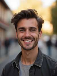 headshot of smiling man wearing casual clothes posing for dating app headshot. outdoor blurry background. the lighting is warm, possibly from a setting sun, creating a soft glow around him, enhancing the casual and relaxed vibe of the image. the setting seems to be outdoors, likely in an urban environment, with the blurred background hinting at a street or park-like area. this image likely portrays a youthful, active, and approachable individual, possibly in a lifestyle or fashion-related context.