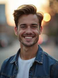 headshot of smiling man wearing casual clothes posing for dating app headshot. outdoor blurry background. the lighting is warm, possibly from a setting sun, creating a soft glow around him, enhancing the casual and relaxed vibe of the image. the setting seems to be outdoors, likely in an urban environment, with the blurred background hinting at a street or park-like area. this image likely portrays a youthful, active, and approachable individual, possibly in a lifestyle or fashion-related context.