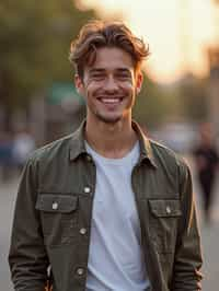 headshot of smiling man wearing casual clothes posing for dating app headshot. outdoor blurry background. the lighting is warm, possibly from a setting sun, creating a soft glow around him, enhancing the casual and relaxed vibe of the image. the setting seems to be outdoors, likely in an urban environment, with the blurred background hinting at a street or park-like area. this image likely portrays a youthful, active, and approachable individual, possibly in a lifestyle or fashion-related context.