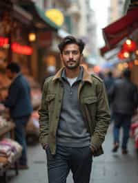 a stylish masculine  man exploring a street market