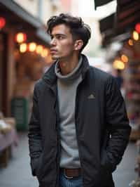 a stylish masculine  man exploring a street market