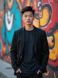 a fashionable masculine  man posing in front of street art