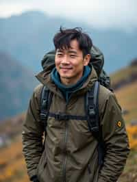 an adventurous masculine  man hiking in the mountains