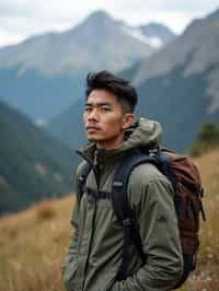 an adventurous masculine  man hiking in the mountains