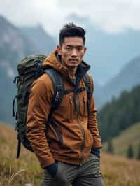 an adventurous masculine  man hiking in the mountains