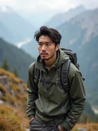 an adventurous masculine  man hiking in the mountains