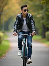 a stylish masculine  man enjoying a leisurely bike ride along a scenic path