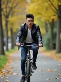 a stylish masculine  man enjoying a leisurely bike ride along a scenic path