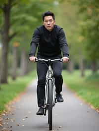 a stylish masculine  man enjoying a leisurely bike ride along a scenic path