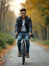 a stylish masculine  man enjoying a leisurely bike ride along a scenic path