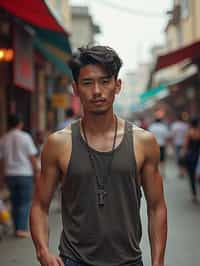 a charismatic masculine  man exploring a street market