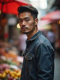 a charismatic masculine  man exploring a street market