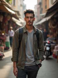 a charismatic masculine  man exploring a street market